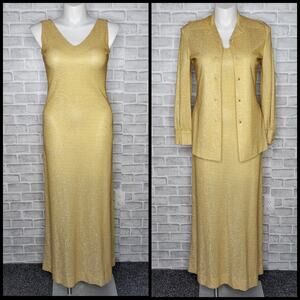 VTG 70s Gold Lurex 2 Piece Maxi Dress & Jacket Set